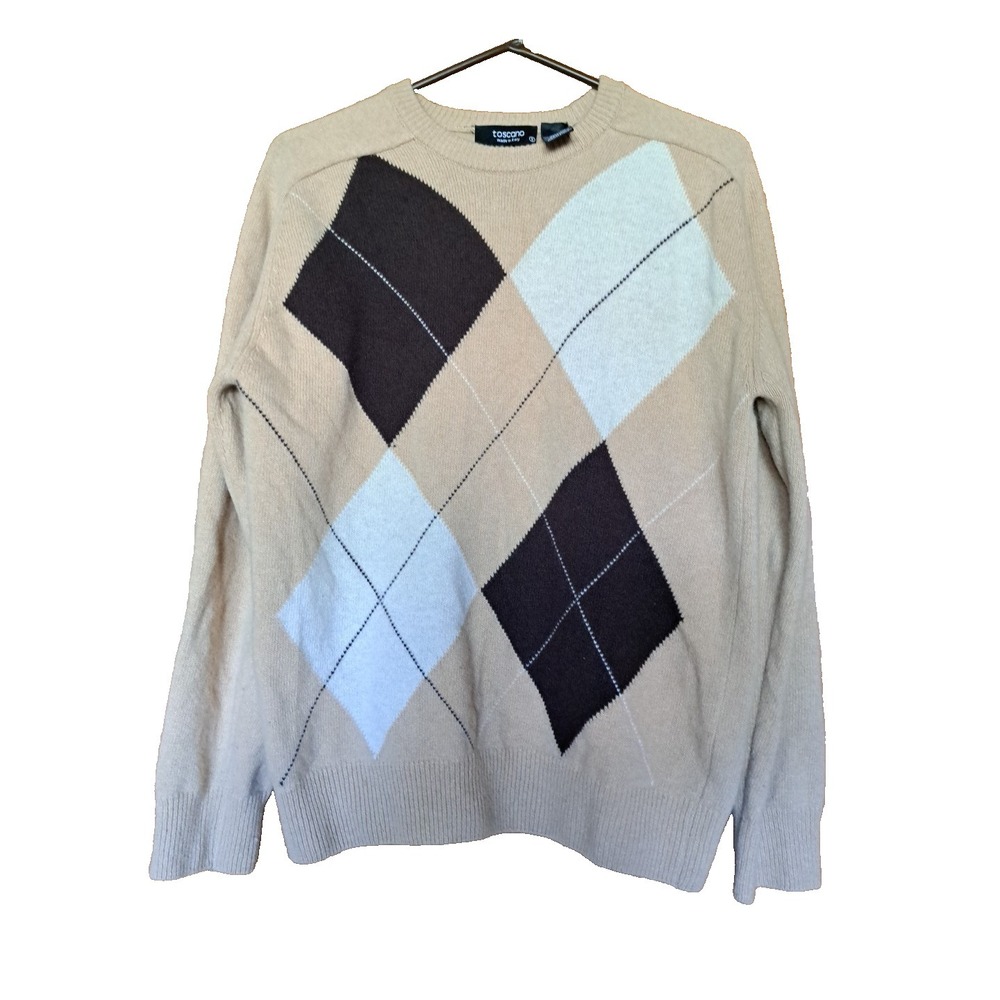 Toscano Geoffrey Beene Men's Merino Wool Argyle Sweater Small S Beige Italy